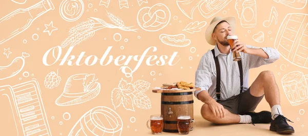 Banner Para Oktoberfest Con Hombre Alemán Bebiendo Cerveza Fría — Foto de Stock