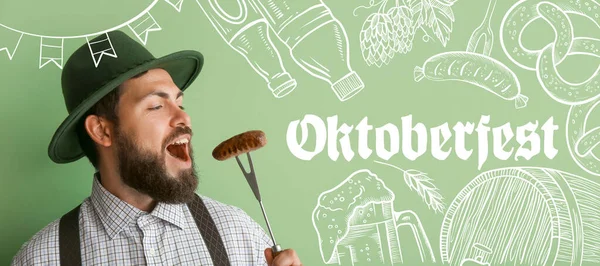 Banner Para Oktoberfest Con Hombre Alemán Comiendo Sabrosa Salchicha —  Fotos de Stock