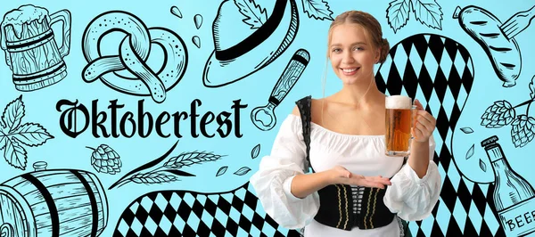 Banner Oktoberfest Young Waitress Holding Cold Beer — Stock Photo, Image