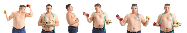 Koláž Muže Nadváhou Bílém Pozadí Dietní Koncept — Stock fotografie