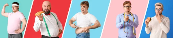 Κολάζ Των Υπέρβαρων Ανδρών Στο Φόντο Χρώμα Έννοια Διατροφής — Φωτογραφία Αρχείου