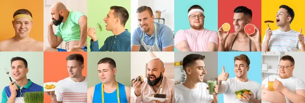 Collage Van Overgewicht Slanke Mannen Met Verschillend Voedsel Dieetconcept — Stockfoto