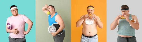 Collage Överviktiga Män Färg Bakgrund Diet Koncept — Stockfoto