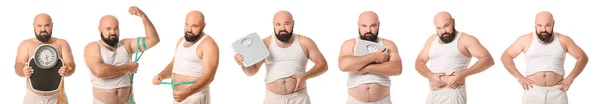 Collage Överviktiga Man Vit Bakgrund Diet Koncept — Stockfoto