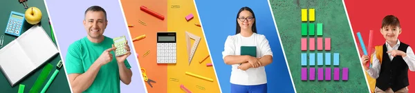 Collage Professeurs Mathématiques Petit Garçon Avec Calculatrices Papeterie Sur Fond — Photo