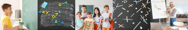 Kolase Guru Matematika Laki Laki Dan Anak Anak Kecil Kelas — Stok Foto