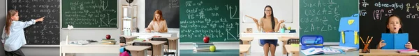 Collage Van Vrouwelijke Wiskundeleraren Kleine Meisjes Schoolborden Klaslokalen — Stockfoto