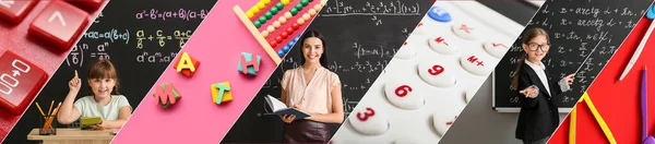 Kolase Guru Matematika Perempuan Anak Perempuan Ruang Kelas Kalkulator Dan — Stok Foto