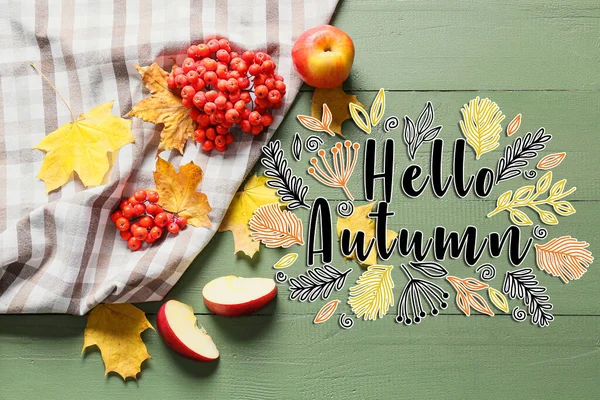 Banner Com Texto Hello Autumn Folhas Caídas Bagas Rowan Maçãs — Fotografia de Stock