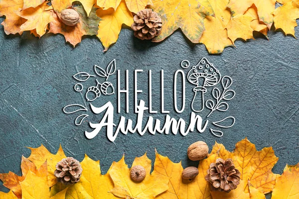 Banner Textem Hello Autumn Spadlými Listy — Stock fotografie