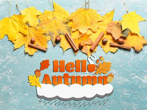Banner Κείμενο Hello Autumn Και Πεσμένα Φύλλα — Φωτογραφία Αρχείου