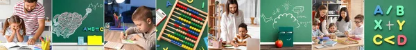 Kolase Guru Matematika Dengan Anak Kecil Papan Tulis Dan Sempoa — Stok Foto