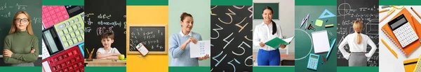 Koleksi Guru Matematika Perempuan Anak Laki Laki Kelas Kalkulator Dan — Stok Foto