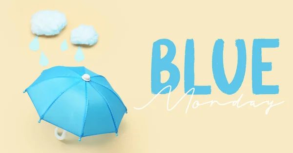 Malý Deštník Bavlněnými Mraky Kapkami Deště Textem Blue Monday — Stock fotografie