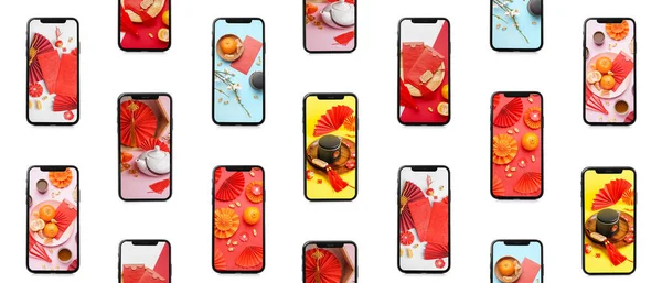 Многие Мобильные Телефоны Китайскими Обои Экранах Белом Фоне Патент Дизайн — стоковое фото