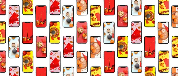 Molti Telefoni Cellulari Con Sfondi Cinesi Schermi Sfondo Bianco Modello — Foto Stock
