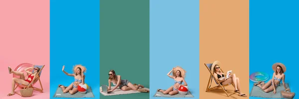 Collage Van Mooie Jonge Vrouw Stijlvolle Zwempakken Strand Accessoires Kleur — Stockfoto