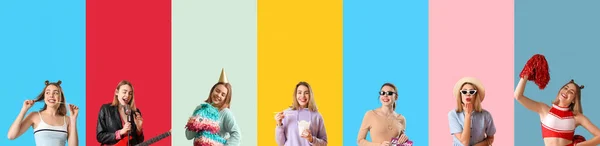 Collage Junger Frau Auf Farbigem Hintergrund — Stockfoto