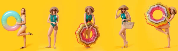 Колаж Красивої Молодої Жінки Стильних Купальниках Пляжних Аксесуарах Жовтому Тлі — стокове фото