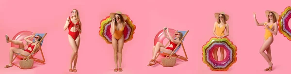 Коллаж Красивой Молодой Женщины Стильных Купальниках Пляжных Аксессуарах Розовом Фоне — стоковое фото
