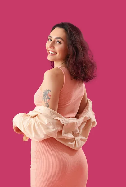 Attractive Young Woman Dress Pink Background — Φωτογραφία Αρχείου