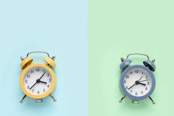 Two Alarm Clocks Color Background — Stock Photo, Image