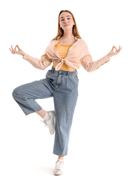 Junge Frau Meditiert Auf Weißem Hintergrund Gleichgewichtskonzept — Stockfoto