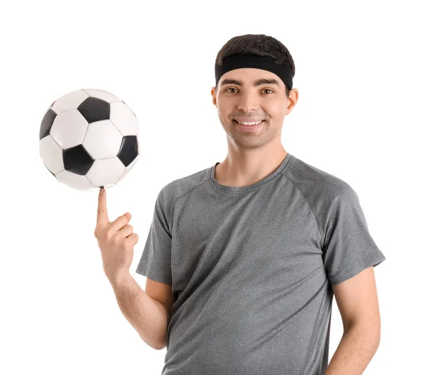 Jeune Homme Sportif Avec Ballon Football Sur Fond Blanc Concept — Photo