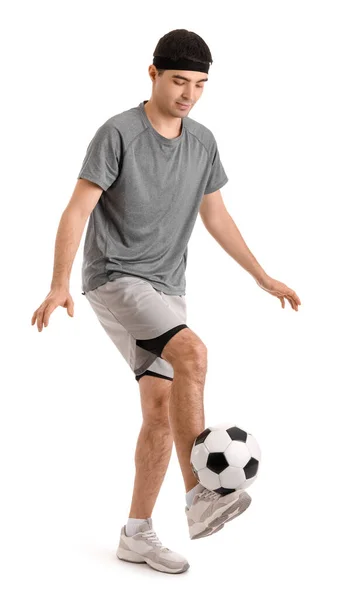 Sportowy Młody Człowiek Gra Piłką Nożną Białym Tle Koncepcja Równowagi — Zdjęcie stockowe