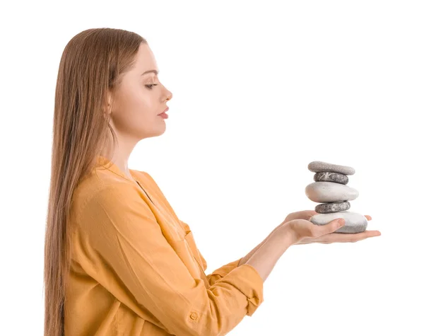 Młoda Kobieta Kamieniami Spa Białym Tle Koncepcja Równowagi — Zdjęcie stockowe