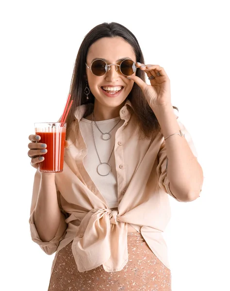 Junge Frau Mit Einem Glas Gemüsesaft Auf Weißem Hintergrund — Stockfoto