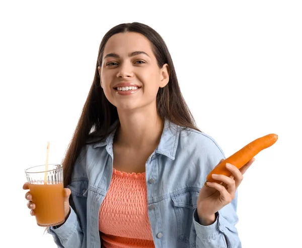 Young Woman Glass Vegetable Juice Carrot White Background — Stock Photo, Image