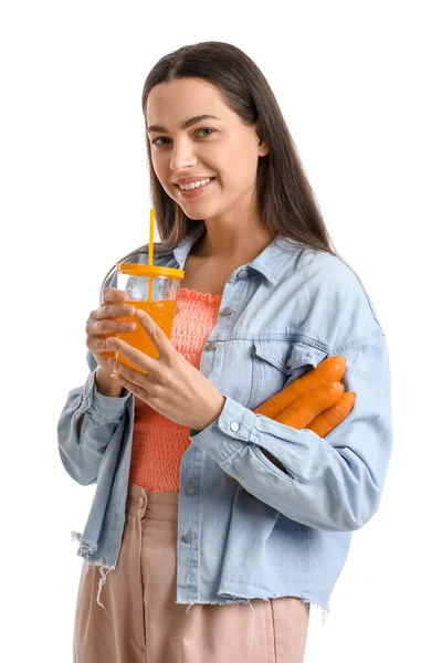 Young Woman Glass Vegetable Juice Carrots White Background — Stock Photo, Image