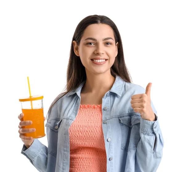 Young Woman Glass Vegetable Juice Showing Thumb White Background — Stock Photo, Image