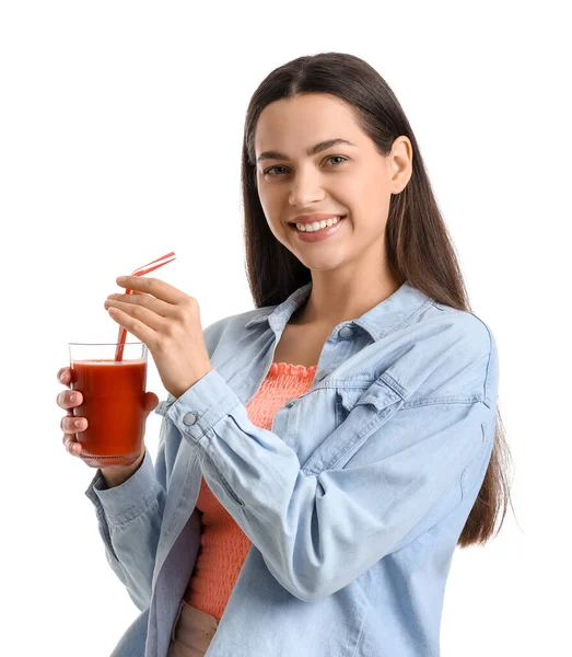 stock image Young woman with glass of vegetable juice on white background