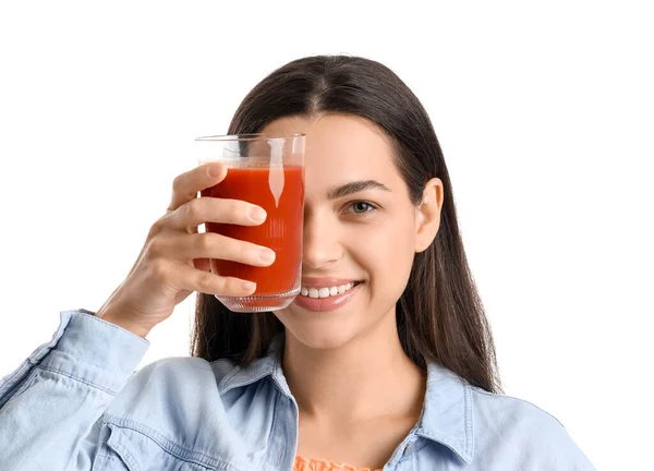 Young Woman Glass Vegetable Juice White Background Closeup — Stock Photo, Image