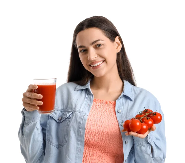 Junge Frau Mit Einem Glas Gemüsesaft Und Tomaten Auf Weißem — Stockfoto