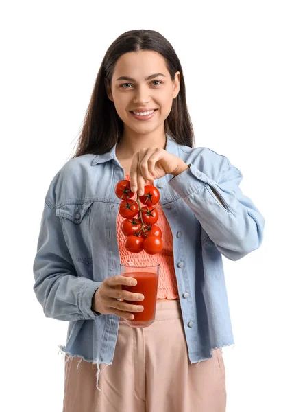 Jonge Vrouw Met Glas Groentesap Tomaten Witte Achtergrond — Stockfoto