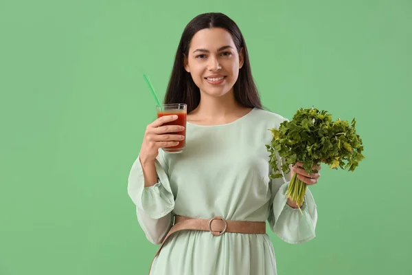 Young Woman Glass Vegetable Juice Parsley Green Background — Stock Photo, Image
