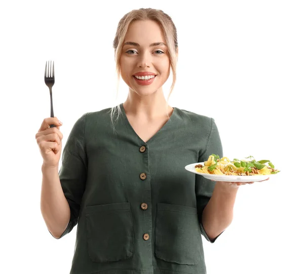 Young Woman Tasty Pasta White Background — Stock Photo, Image