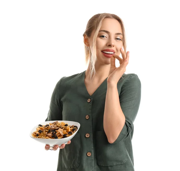 Young Woman Tasty Pasta White Background — Stock Photo, Image
