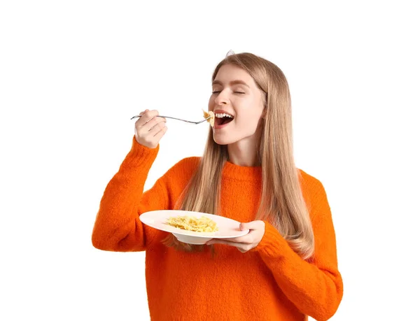 Jonge Vrouw Eten Smakelijke Pasta Witte Achtergrond — Stockfoto