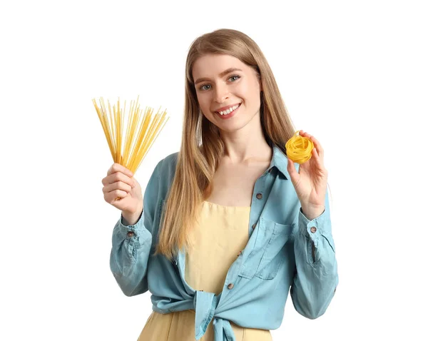 Young Woman Raw Pasta White Background — Stock Photo, Image