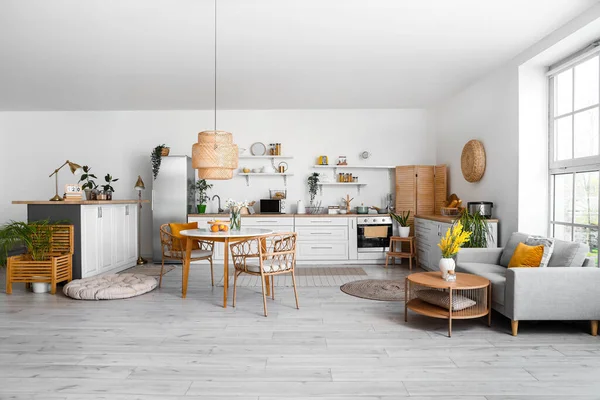 Interior Light Kitchen Stylish Fridge Counters Sofa Table — Stock Photo, Image