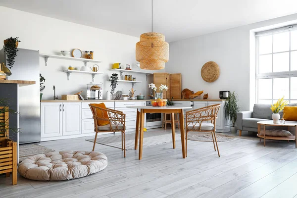 Interior Light Kitchen Stylish Fridge Counters Shelves Table Sofa — Stock Photo, Image