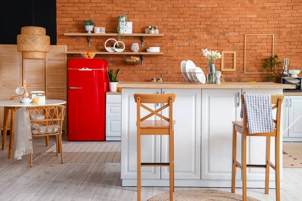 Interior Kitchen Red Fridge Counters Shelves Chairs — Stock Photo, Image