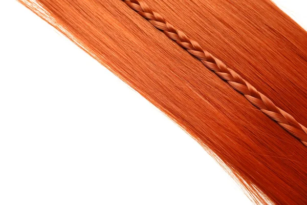 Рыжие Волосы Косой Белом Фоне Крупным Планом — стоковое фото