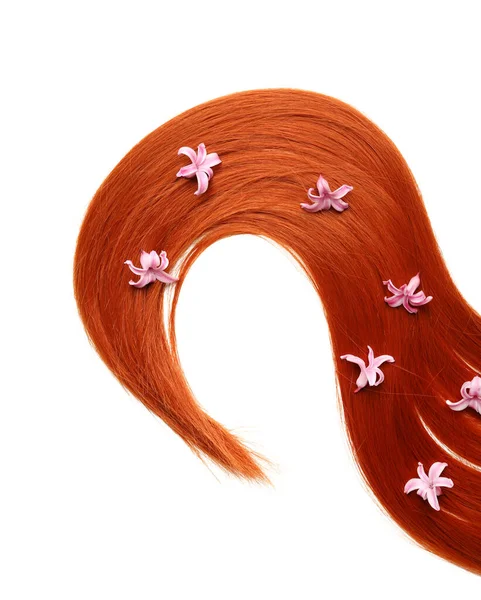 Рыжие Волосы Прядь Гиацинтом Цветы Белом Фоне Крупный План — стоковое фото