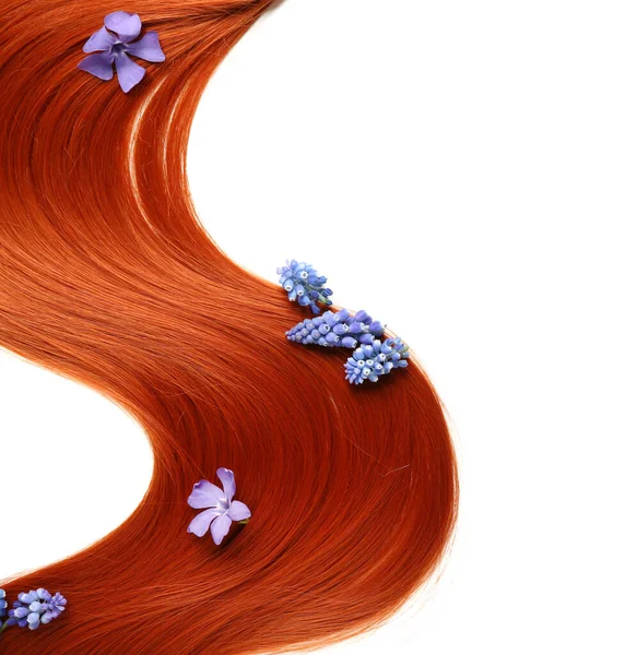 Імбирне Волосся Весняними Квітами Білому Тлі Крупним Планом — стокове фото