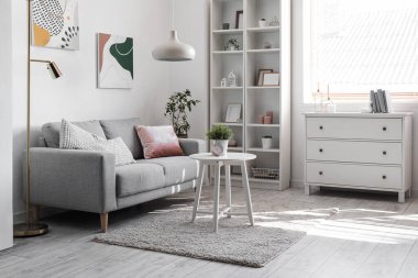 Kanepesi, çekmecesi ve raf ünitesi olan bir oturma odası.